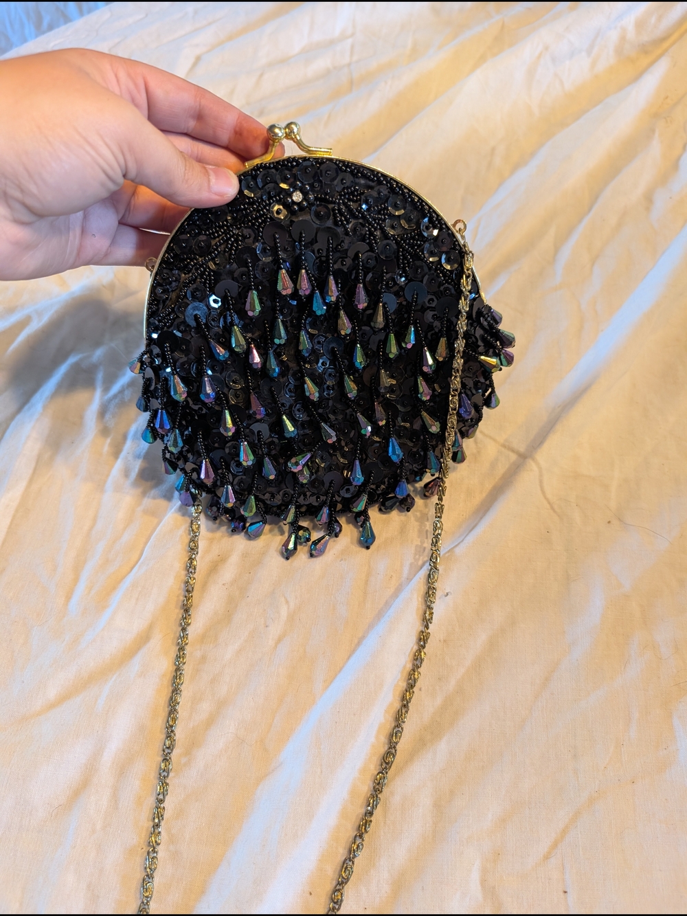 2/60$ Vintage Black Beaded Sequin Clutch with Iridescent Teardrops - Picture 4 of 7